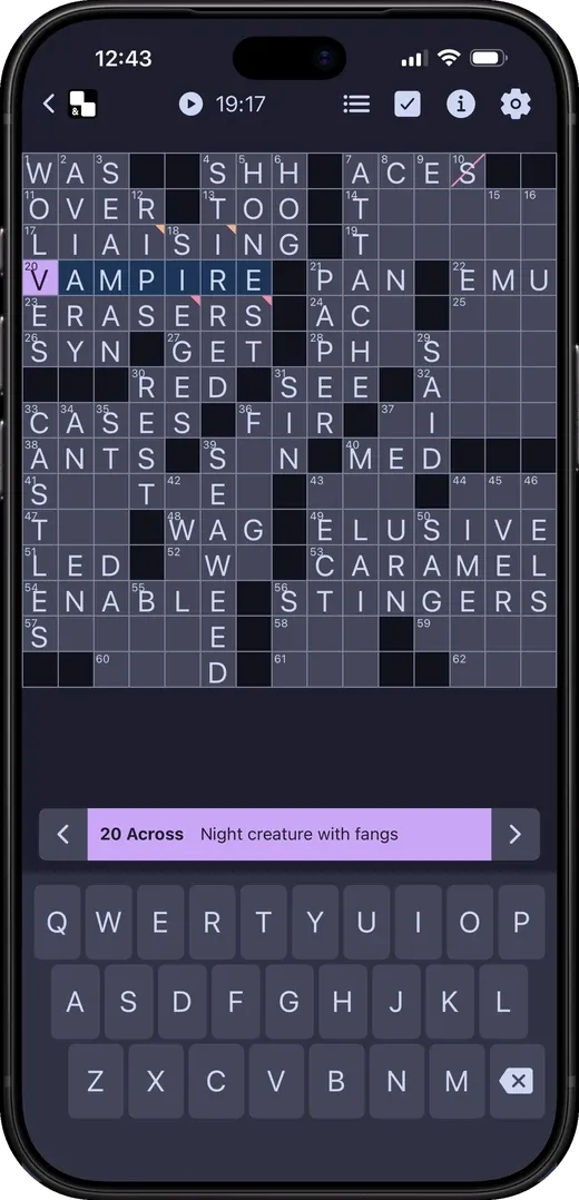 Down & Across on iPhone in the purple theme